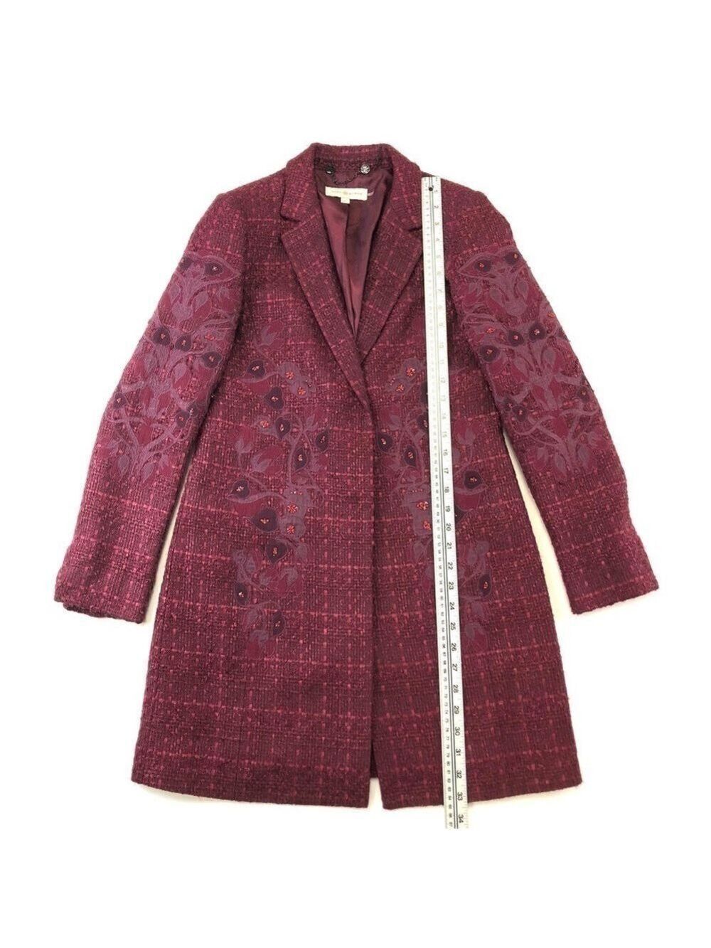 Tory Burch Patsy Glazed Tweed dark plum long line coat Size 2 appliqué embellish - Picture 6 of 14